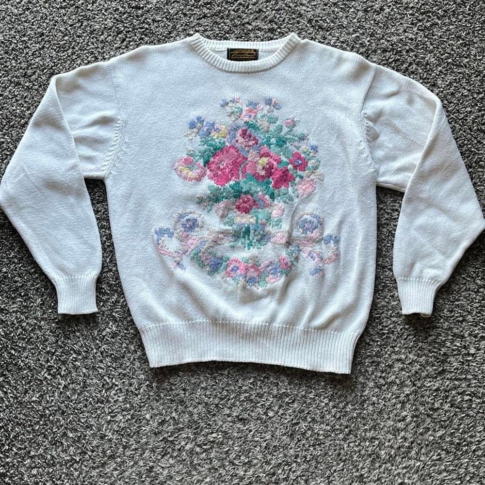 Vintage 90s Eddie Bauer White Cotton Embroidered Floral Sweater Womens Medium